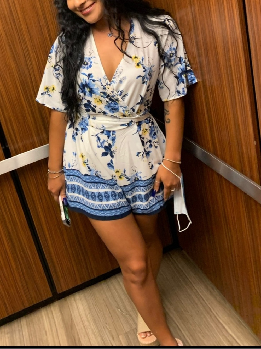 Trixxi White Romper with Blue Floral & Yellow Accents